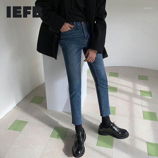 

iefb autumn winter blue jeans men's korean fashion slim feet men's holes ankle-length denim trousers for male new bottoms 9y45461