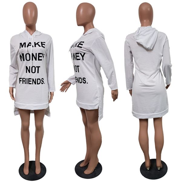 

make money not friends letter womens winter dress long pullovers hoodie tshirt dresses autumn hooded long sleeves one-piece dress d102201, White