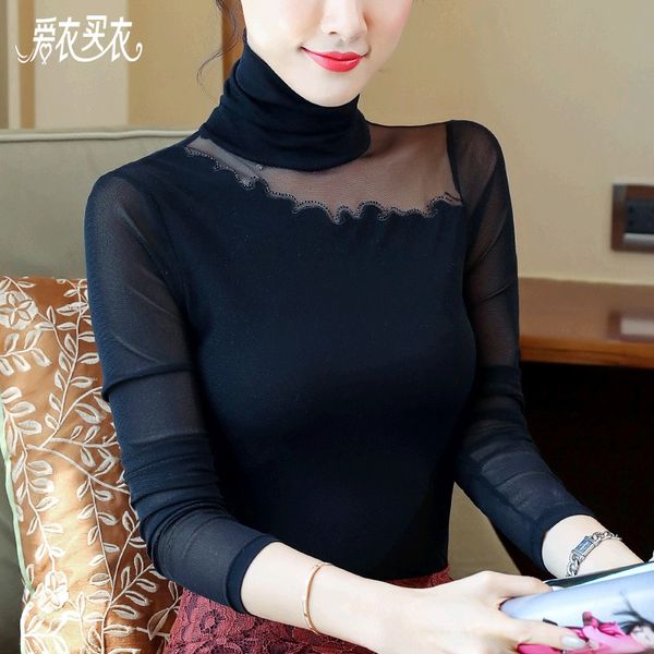 

женская с длинным рукавом баз рубашки с высоким воротником и тонкой сеткой сексуальной модной рубашки весной и осенью cpquw, White