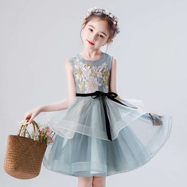 

skirt spring drs 2020 girls' princs summer mh flower middle and small children's gold silk embroidered piano, Blue