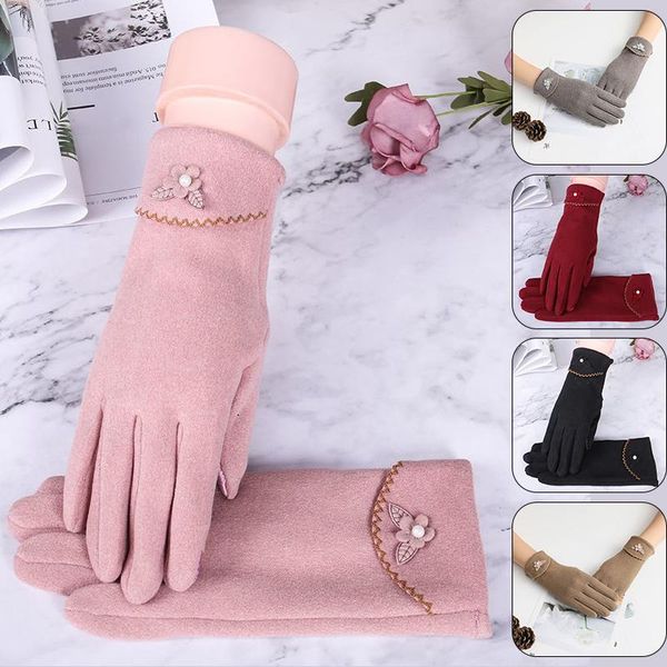 

winter female suede furry warm full finger gloves mittens lady women winter outdoor sport touch screen driving gloves, Blue;gray