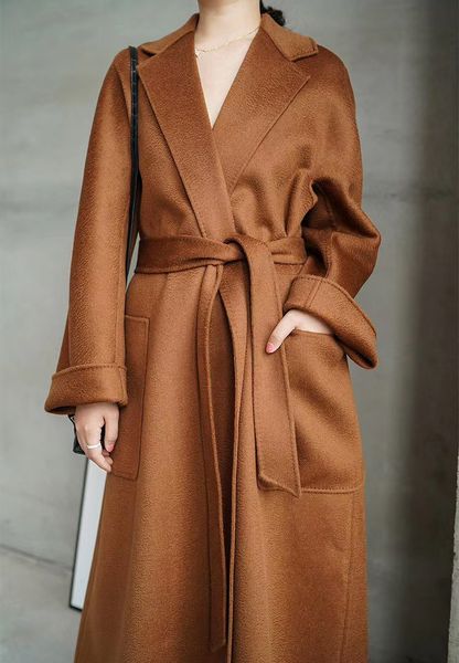 

2021 spring long sleeve notched-lapel 16 colors choose pure color belted pockets 100% woolen long maxi coat elegant outwear coats rj049117, Black