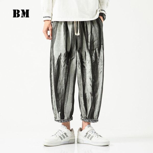 

2021 spring tie dye ink printing fashion casual straight cropped pants men clothing korean style plus size couple bottoms male, Black