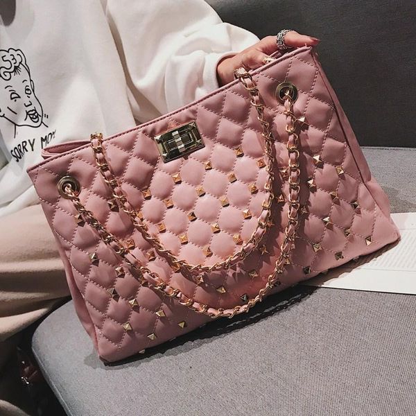 

autumn fashion women rivet plaid shoulder bag large chain handbag classic designer tote bag lady crossbody sac