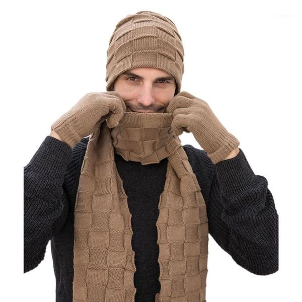 

men winter 3pcs solid plaid knit beanie hat long scarf touch screen gloves set lx9e1, Blue;gray
