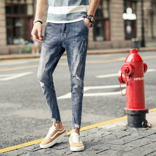 

men's jeans autumn winter with holes mens slim fit pants elasticity straight-cut korean-style trend teenager hong kong style1, Blue