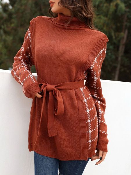 

plaid pattern turtle neck 2 in 1 belted sweater n3wr#, White