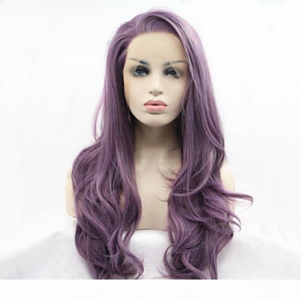 

fashion long body wave hair glueless synthetic lace front wigs for women purple color heat resistant fiber hair 24 inch cosplay, Black