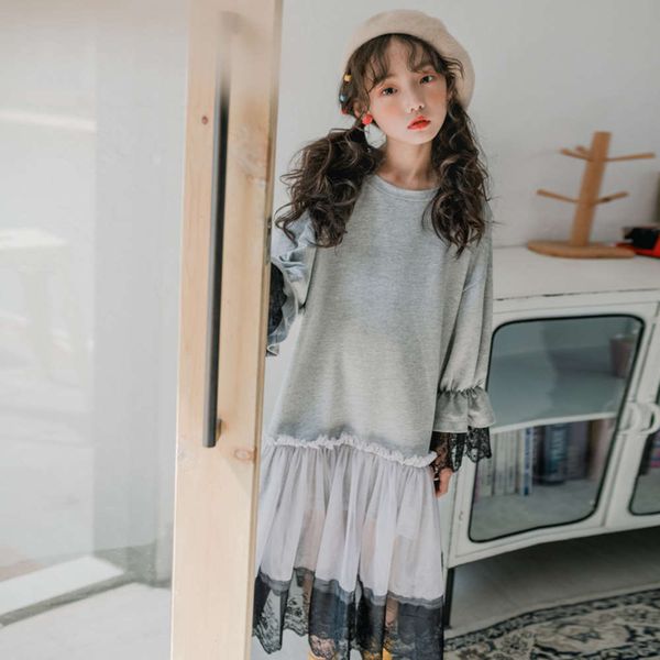 

autumn trumpet sve lace edge pure cotton girl's drs casual fashion korean wear big children's princs skirt, Red;yellow