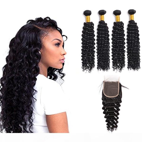 

brazilian deep wave curly virgin human hair waves 4 bundles with 1pc lace closure peruvian malaysian indian hair closure, Black;brown