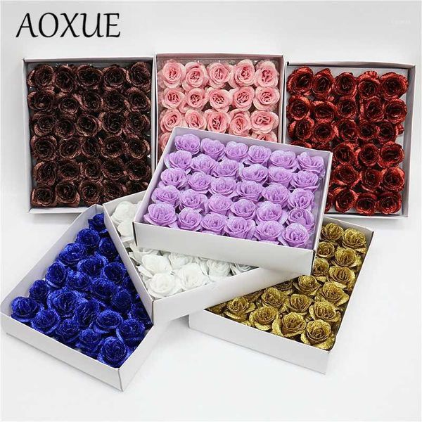 

30 heads crystal gold rose head blue demon artificial silk fake flower head eternal flower bouquet packaging material1