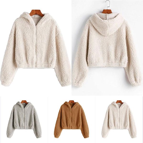 

women's jackets reversible teddy coat women crop winter hoodies faux fur thick plus size fluffy plush jacket ladies overcoat outerwear, Black;brown