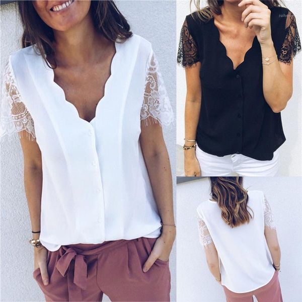 

fashion casual loose solid women v neck lace crochet pullover long sleeve shirt button blouse summer clothes cotton blend1, White