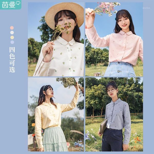 

women's blouses & shirts inman 2021 spring autumn arrivals women's printed shirt pure cotton long sleeve vintage literature art ve, White