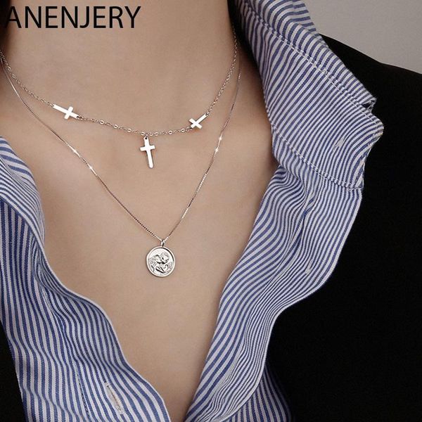 

chains anenjery 925 sterling silver cross clavicle chain necklace for women double layer round angel jewelry s-n239