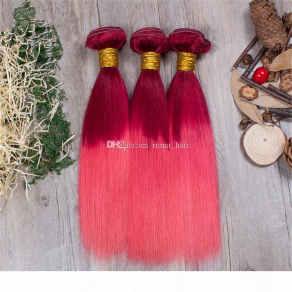 

red pink human hair weaves two tone popular color red ombre human hair malaysian weaves 3 bundles deals pink hair extension fast shipping, Black;brown
