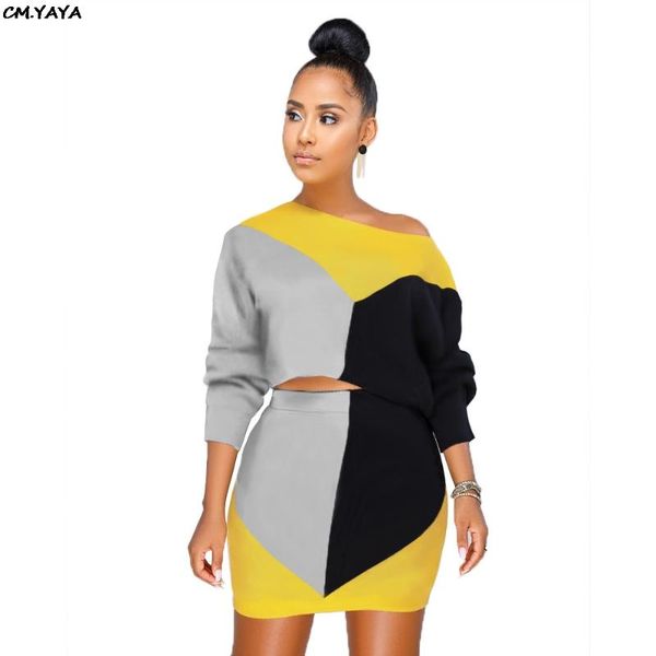 

women new colorful patchwork off shoulder long sleeve sweaters mini midi skirts two pieces sets tracksuit outfits s-2xl gl6086, White