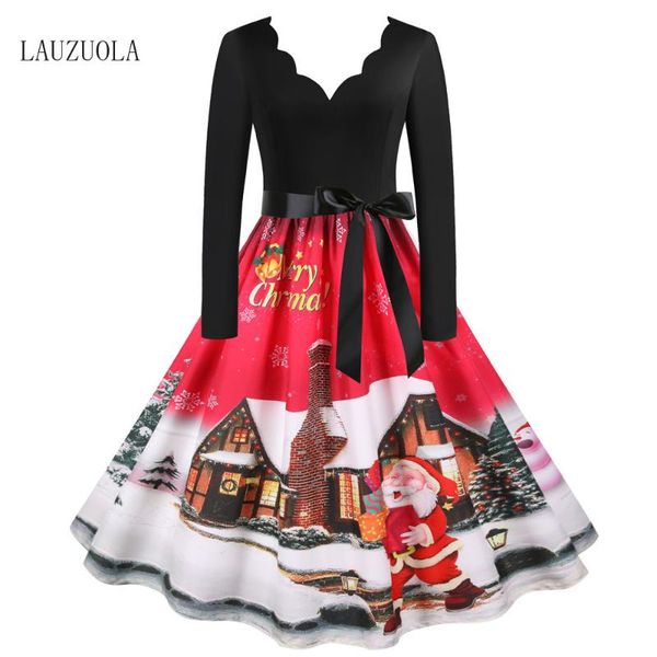 

casual dresses s-3xl red v-neck robe winter christmas women long sleeve vintage party pinup dress plus size 2021 vestidos print, Black;gray