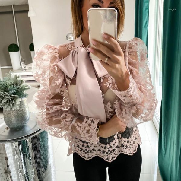 

women lace embroider mesh blouse puff sleeve transparent blouse shirts streetwear long sleeve bow tie collar shirt1, White