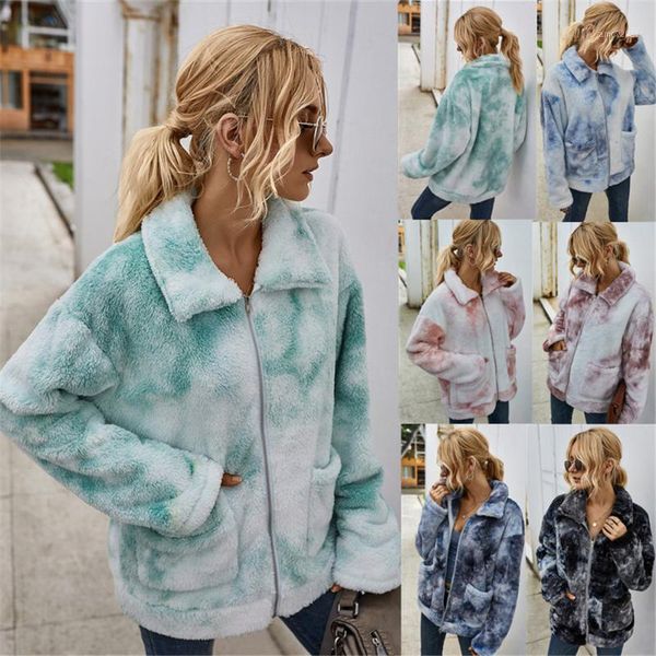 

women's jackets 2021 winter plush ladies jacket fashion tie-dye warm thickened loose women casual long-sleeved lapel1, Black;brown