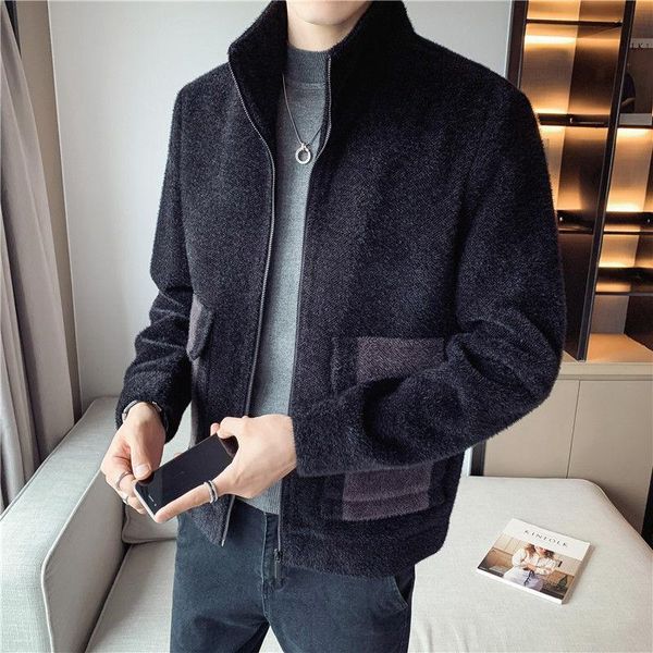 

men's windbreaker 2020 autumn winter new slim pure color woolen windbreaker loose leisure personality youth men's wear, Tan;black