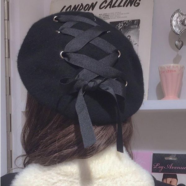 

wool beret for women fashion apparel accessories vintage lace-up painting cap velvet beanie hat women's headwear, Blue;gray