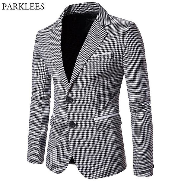 

plaid blazer men 2021 houndstooth mens blazers single breasted blazer men casual slim fit suit jacket winter hombre, White;black