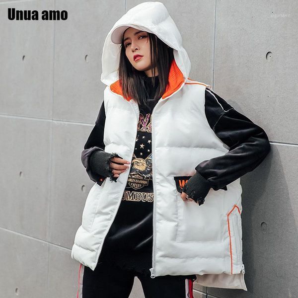 

unua amo winter vest women hooded sleeveless jacket 2020 street style thicken warm cotton-padded coat winter waistcoat1, Black;white