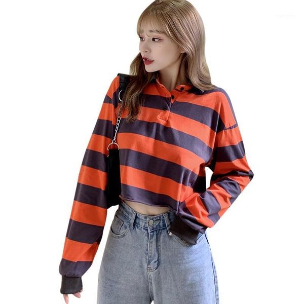 

spring autumn korean style tshirt retro fashion loose striped lapel long sleeve sweet tee shirt1, White