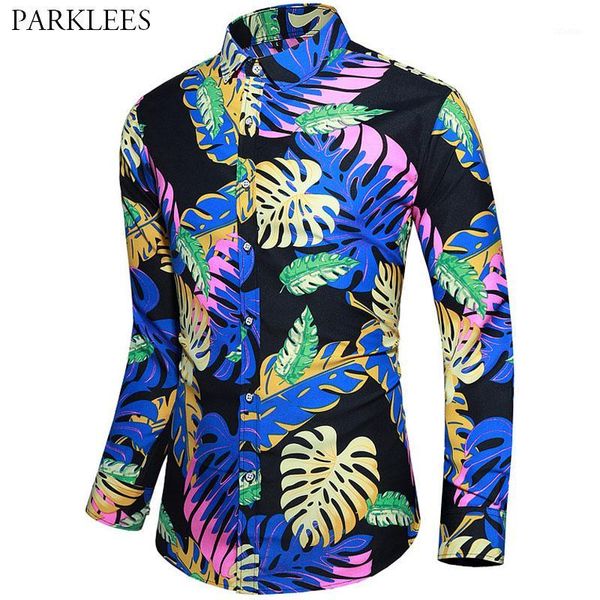 

men's casual shirts colorful leaf printed mens shirt party holiday social men dress slim fit button chemise homme streetwear male1, White;black