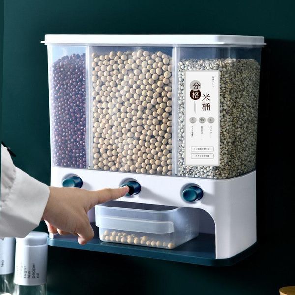 

automatic rice bucket kitchen storage containers home organizer plastic boxes wall-mounted grain kitchen accessories