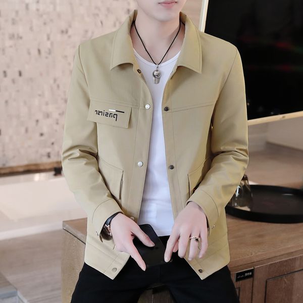 

spring men's casual coat single breasted lapel solid color male jacket khaki blue green black gray outwear b9, Black;brown