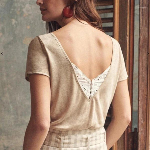 

v-neck front and back wear women t-shirt 2020 spring summer new lace hollow out short sleeve t-shirt lady 1, White