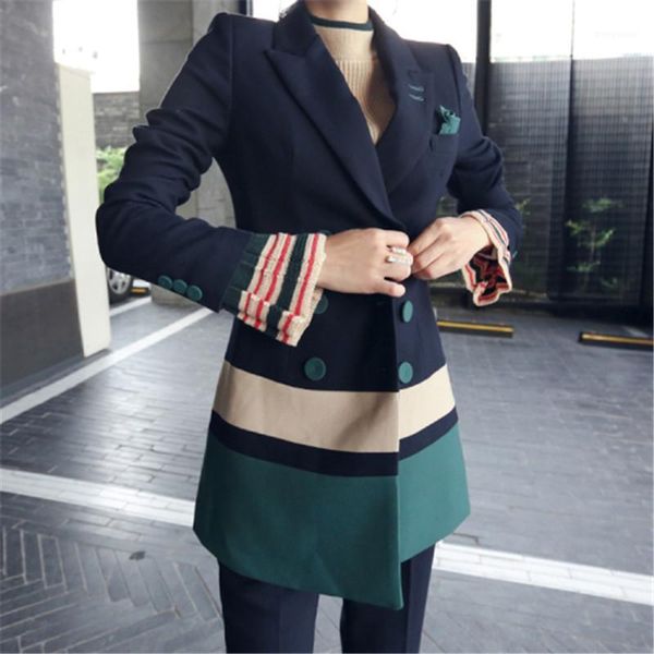 

women pant set 2 pieces set fashion color collision double-breasted blazer pant office female business suits1, White;black