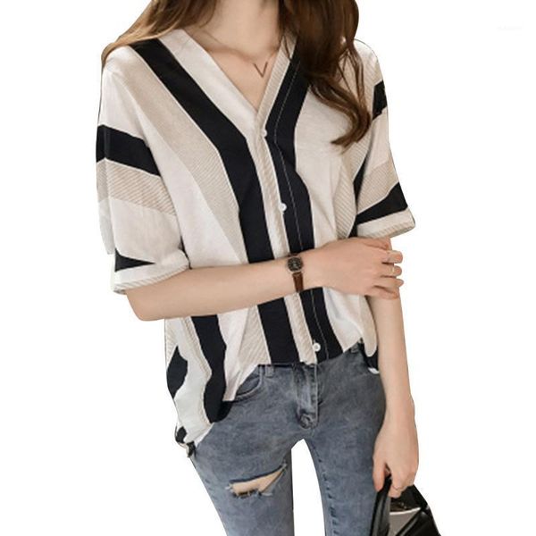 

women summer casual striped v neck loose half sleeve polyester blouse elegant work wear chiffon shirts1, White