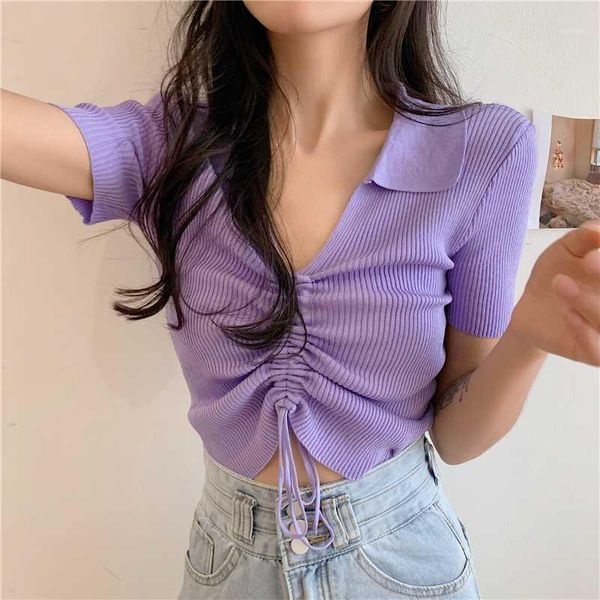 

women v-neck knitted short sleeve draw string t-shirts crop girls stretchy cropped solid tee shirts for female summer 20201, White