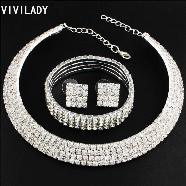 

vivilady trendy rhinestone silver color chokers necklaces bracelets earrings jewelry sets women layers accessories bridal gifts