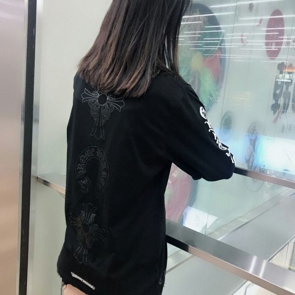 

высокий конец ранней осени ch crisin cross с длинным рукавом подковывая печать пара хлопок круглые шеи мужская и женская футболка, Black