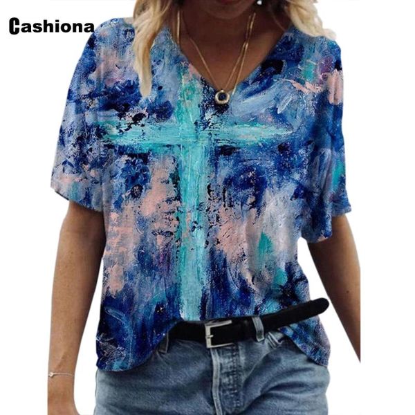 

women's t-shirt cashiona women elegant leisure casual tie dry print tees clothing plus size 3xl femme 2021 summer loose shirt, White