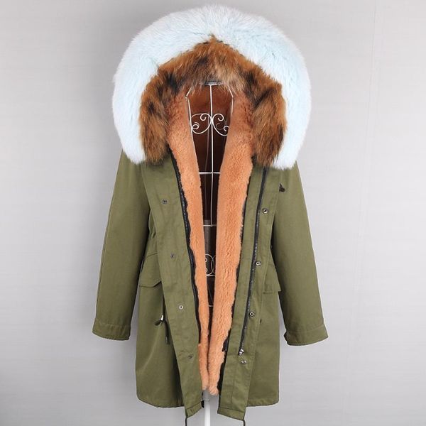

women's fur & faux 2021 long park winter jacket hood cuffs thick warm natural raccoon collar real color matching women coat outerwear, Black