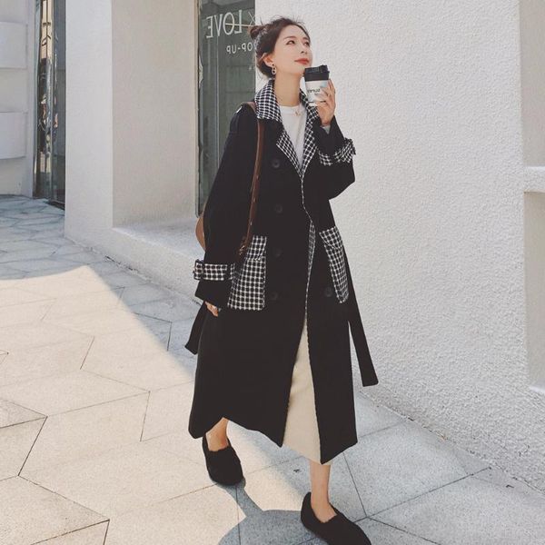 

women's wool & blends zoulv plaid stitching woolen coat women 2021 winter loose mid-length temperament, Black