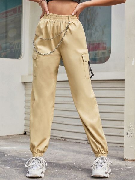 

high waisted flap pocket side chain detail cargo pants e77x#, Black;white