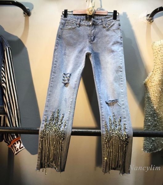 

2020 autumn denim clothes woman's new heavy work tassel bead diamond-embedded high waist slim fit holes jeans, Blue