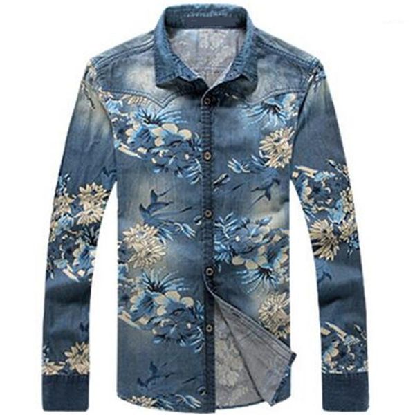 

2021 cotton slim fit brand casual denim floral contrast color shirts long sleeve male cowboy blouses1, White;black