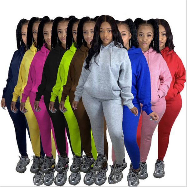 

winter womens two piece outfits fleece tracksuit winter warm sportswear with pocket hoodie hooded pullover and trake pansts e101504, White