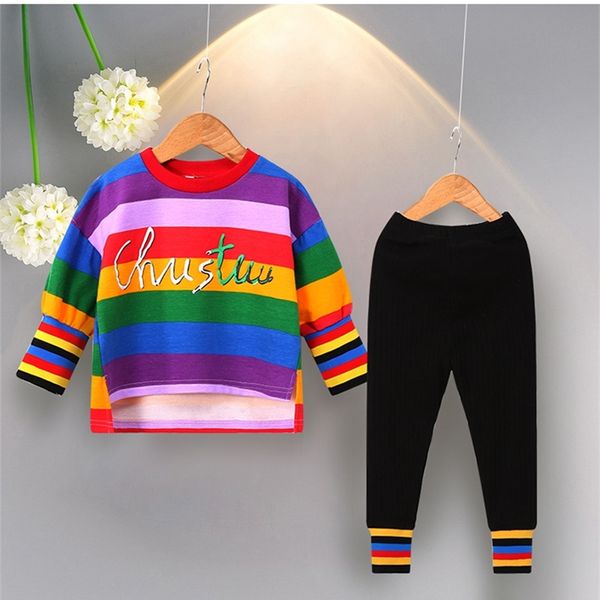 

new autumn item girl casual rainbow suit including pant 2pcs per set y200325, White