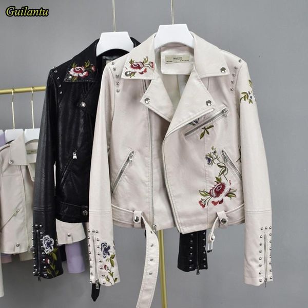 

guilantu embroidery floral motorcycle jacket women clothes spring zipper slim faux pu leahter coat female bomber biker jackets, Black