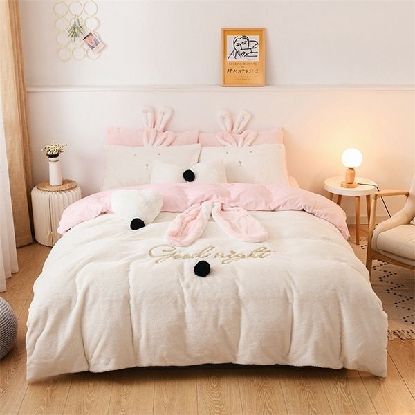 Bonito Coelho Orelha Azul Rosa Branco Amarelo Veludo Veludo Girl Bedding Girl Set Soft Curto Plush Devet Capa Folha de Cama LJ201127