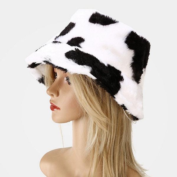 

wide brim hats autumn cow pattern fisherman hat women korean fashion plush warm winter basin soft fluffy bucket caps, Blue;gray