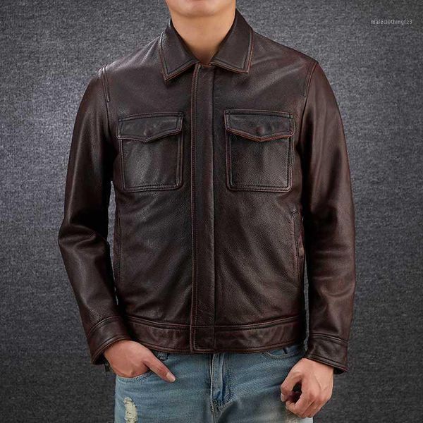 

men's leather & faux 2021 large size men vintage black genuine cow jacket men's 100% cowhide real motorcycle biker coat autumn win